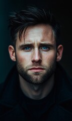 Obraz premium Close-up portrait of a serious young man with blue eyes and short dark hair.