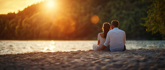 Couple enjoying a romantic sunset by the beach, sitting together on the sand, surrounded by serene nature.