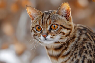 Obraz premium Close-up portrait of a rusty-spotted cat with intense orange eyes, set against a blurred autumnal background.