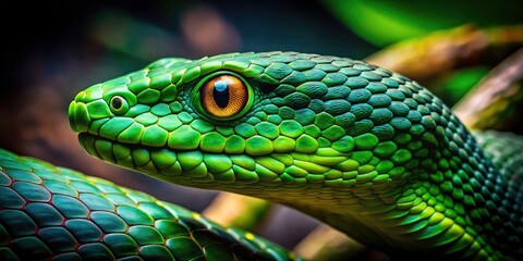 Fototapeta premium Dangerously beautiful: a macro lens captures the intricate details of a green snake in its natural forest habitat.