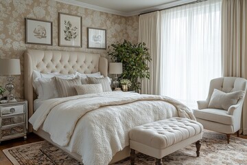 Obraz premium Bright airy bedroom with elegant wallpaper, vintage furniture, modern decor, silver side table, floral rug, balance of old-world charm and contemporary style.