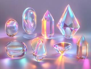 Collection of 3D Holographic Geometric Shapes with Soft Light Effects, Pastel Gradient Colors, and Glossy Surface Perfect for Abstract Artwork
