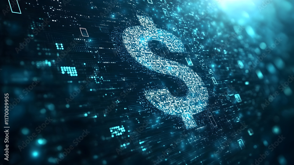 Poster Abstract digital representation of a dollar symbol with shimmering particles in a blue background