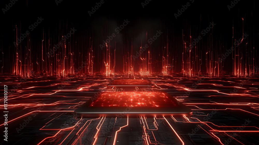 Poster Futuristic red circuitry with glowing lines and a central processing unit design