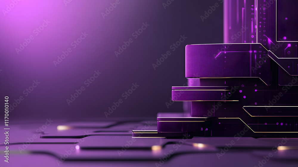 Poster abstract purple geometric shapes with glowing elements on a dark background