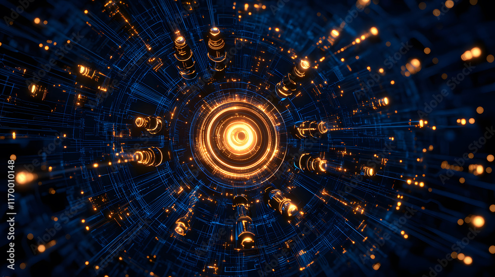 Poster Vibrant abstract design with glowing lights in a circular pattern against a dark background