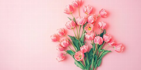 Fototapeta premium Stunning Spring Bouquet of Pink Tulips on a Soft Pink Background, Perfect for Floral Designs, Weddings, and Spring Celebrations in High Resolution