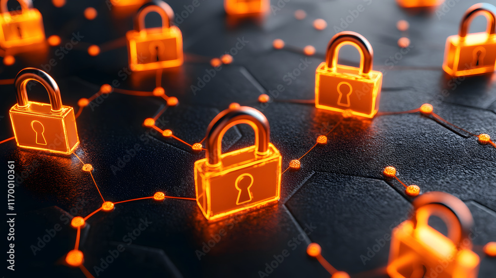Poster Digital locks glowing in orange on a dark, interconnected network background