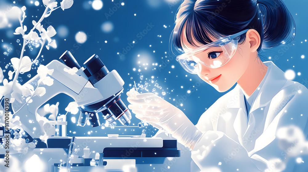 Poster a scientist examines samples under a microscope with a magical, sparkly ambiance