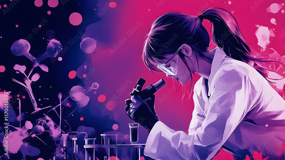 Poster Scientist examining samples with a microscope in a vibrant lab setting