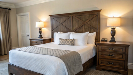 Dark Wood Headboard with White Bedding and Table Lamps.A Serene Bedroom with a Dark Wood Headboard, White Bedding, and Modern Table Lamps for a Sophisticated Look
