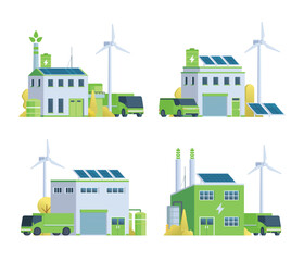 Sustainable Green Factory illustration. Vector bundle with Renewable Energy. Vector elements for city and industry illustration	
