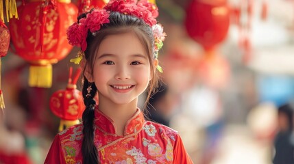 Fototapeta premium A smiling girl in traditional Chinese clothing, surrounded by hanging red lanterns and festive decorations at a Lunar New Year market