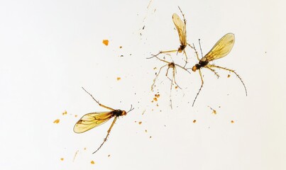Dead insects, white background, scattered debris, studio shot, pest control