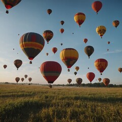 Obraz premium A group of air balloons launching simultaneously in an open field