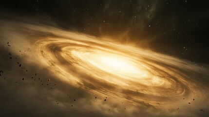 Fototapeta premium Gigantic celestial void at universe's heart, ethereal spirals of luminous gas, dynamic gravitational lensing, scattered cosmic fragments in abstract artistic composition