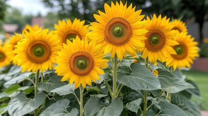 Fototapeta premium Vibrant sunflowers in bloom under a clear blue sky during summer