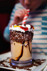 Ice Cream Float Milkshake, Chocolate Drizzle, Whipped Cream, Sprinkles, Candy Gummy
