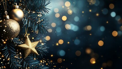 Dark teal Christmas tree, gold ornaments, bokeh lights, holiday greeting card.