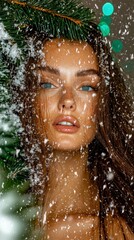 Fototapeta premium Winter Wonderland Beauty Woman with Snow Evergreen Festive Lights