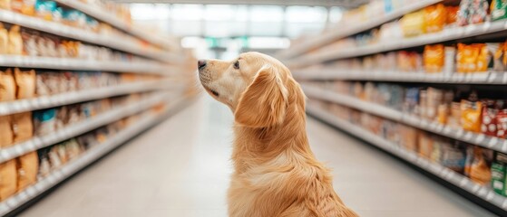 A golden retriever sits in a pet store aisle, surrounded by shelves stocked with various pet food and supplies. - obrazy, fototapety, plakaty
