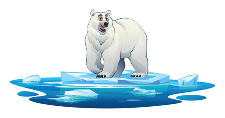 Polar bear standing on an ice platform surrounded by icy waters. Vector cartoon illustration © YG Studio