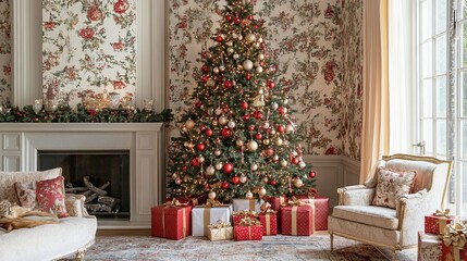 Obraz premium A classic Christmas tree decorated with red and gold ornaments, surrounded by beautifully wrapped presents