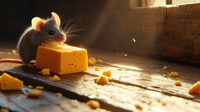 Cute mouse eating cheese in sunlight.