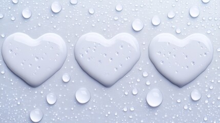 Three water heart shapes on smooth gray surface with droplets