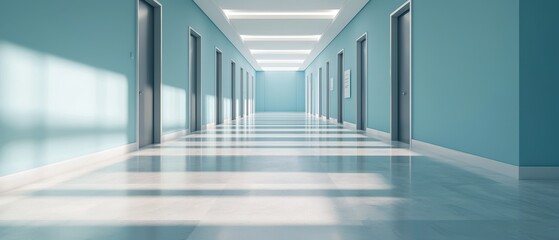 Obraz premium A modern corridor with blue walls and bright lighting, featuring several doors and a polished floor, creating a clean and spacious atmosphere.