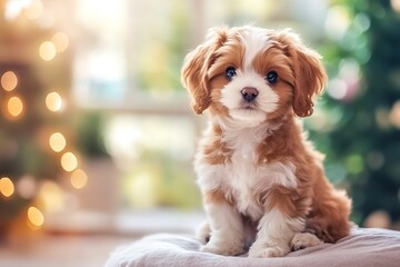 A cute puppy sitting on a soft surface, surrounded by a cozy, festive environment.