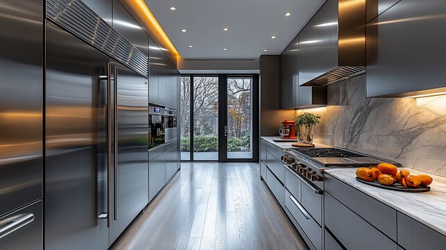 Modern Stainless Steel Kitchen With Glass Doors