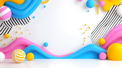 Colorful abstract background with wavy shapes, spheres, and stripes; ideal for presentations or designs.