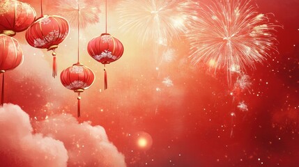 Obraz premium A warm and joyful Chinese New Year artwork featuring red lanterns, intricate gold and white patterns, and festive fireworks against a vivid red background, enhanced by soft clouds and sparkles