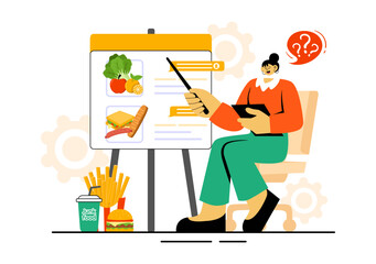 Fototapeta premium People Choosing Between Healthy and Unhealthy Food Vector Illustration Featuring a Comparison of Fast Food and Balanced Menus for a Healthy Lifestyle