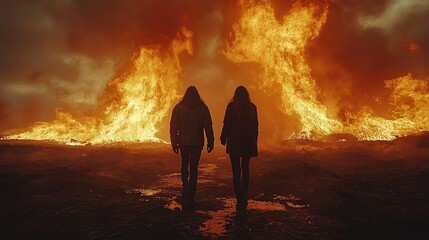 Fototapeta premium Two silhouetted figures walk away from a massive wildfire.