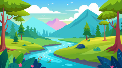 Fototapeta premium Vector Illustration of a Serene Mountain Landscape with River