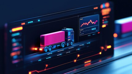 Fototapeta premium A digital interface displays a truck carrying a container, accompanied by data visualizations and graphs.