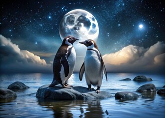 Dramatic night scene: penguins nestled on rocks, a breathtaking Antarctic wildlife photography moment.