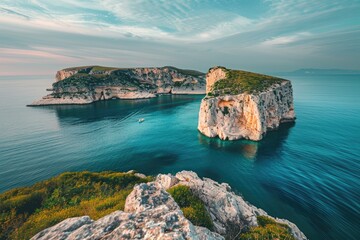 Fototapeta premium A rocky cliff overlooking a calm blue sea, depicting natural beauty and tranquility.