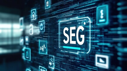 Digital SEG text and icons on blue abstract background.