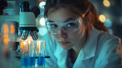 Young scientist examining test tubes with a microscope in lab.