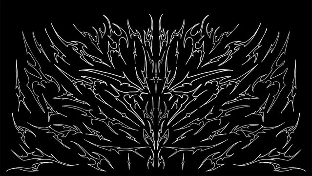 Neo tribal y2k symmetrical abstract pattern, sharp and branching sigil, concept vector design for tattoo, poster music and t-shirt print apparel decoration