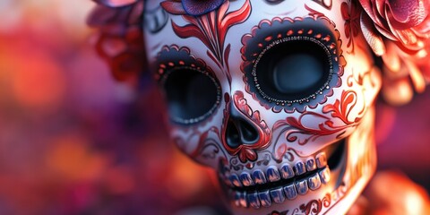 This is a Day of the Dead celebration-themed image, featuring a colorful and intricately designed sugar skull with floral adornments.