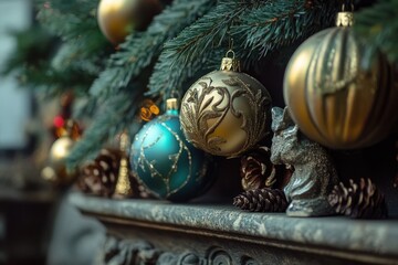 Colorful Christmas ornament decorations on a mantelpiece. Holiday festive display.