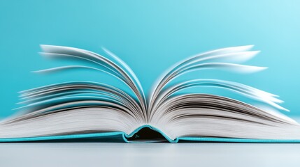 Dynamic open book against blue background with motion blur pages