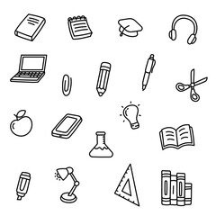 Set of learning and education doodle elements on a white background