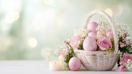 Elegant easter basket with pink eggs and roses on a soft green background