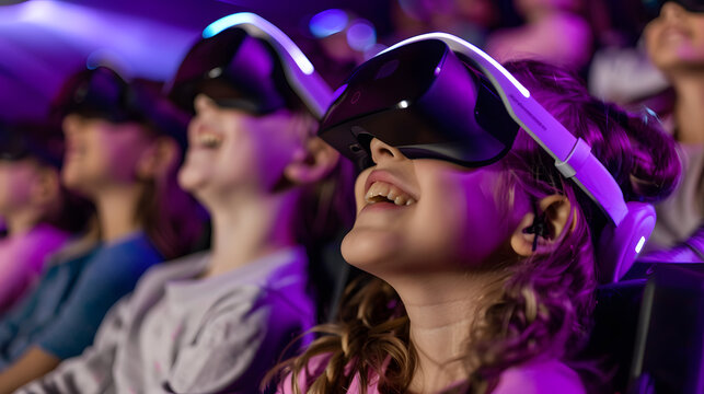 Exciting virtual reality experience engaging kids entertainment center digital technology indoor enthusiastic perspective