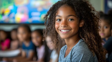 A cheerful girl smiles in her classroom setting, a portrait of education and happiness.